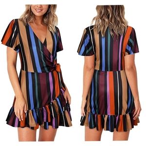 Short Sleeve Multi Colored V Neck Sexy Wrap Stripe Print Casual Mini Dress